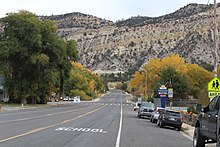 Looking east along East State Street US-89 in Orderville, with the Elkhart Cliffs in the background, October 2017 U.S highway 89 Orderville Utah.jpg