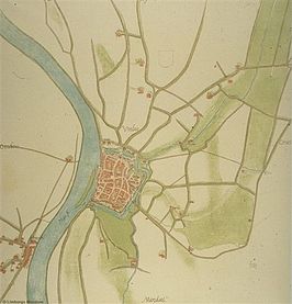 kaart van Venlo door Jacob van Deventer, met aan de zuidelijke gracht de Slypmolen