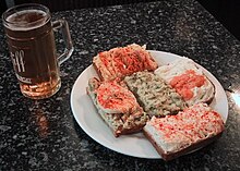 Open sandwiches in Vienna, with a Pfiff-size beer Viennese Open face sandwiches.jpg