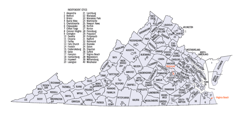 County's en onafhankelijke steden van Virginia. NB: Op de kaart staan nog 40 onafhankelijke steden. Echter in 2001 besloot de stad Clifton Forge zijn onafhankelijkheid op te geven en zich weer aan te sluiten bij Alleghany County.