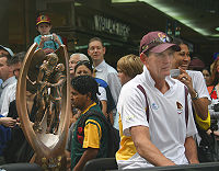 Bennett with the Telstra Premiership trophy at post 2006 NRL Grand Final celebrations in Brisbane. Wayne Bennett (4 October 2006, Brisbane).jpg