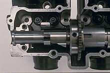 The camshaft in its minimum duration position fitted in a head. Note that the lobe segment is aligned with the follower. The black felt tip pen marking is roughly the constant radius area. Wiki photos 005.jpg