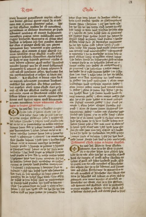 The Will of King Eadred, AD 951–955, with bequests to hræglðene (robe-keepers) (15th-century copy, British Library Add MS 82931, ff. 22r–23r)