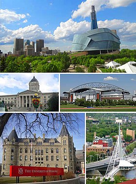 No topo: o Centro de Winnipeg e o Museu Canadense dos Direitos Humanos. Abaixo: o Investors Group Field, Saint Boniface e a ponte Esplanade Riel, Wesley Hall, Universidade de Winnipeg, e o Edifício Legislativo de Manitoba.