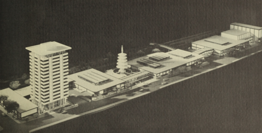 Architectural model of Japan Center, looking south from Post (1965)