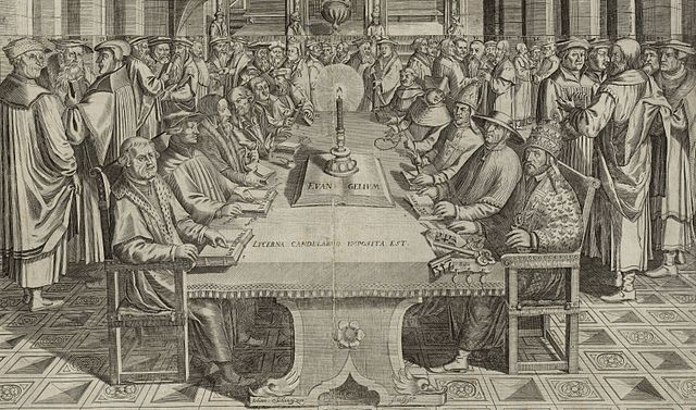Fictitious dispute between the leading Protestant Reformers (sitting at the left side of the table: Luther, Zwingli, Calvin, Melanchthon, Bugenhagen a