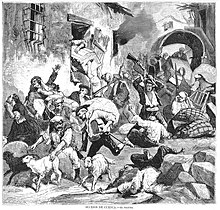 Engraving in La Ilustración Española y Americana depicting the sack of Cuenca by Carlists in July 1874