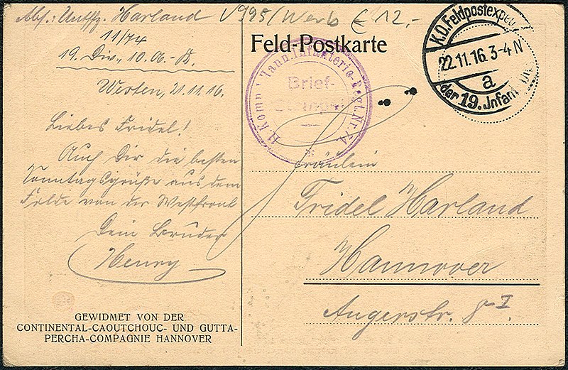 File:1914-08-02 Mobilmachung Erster Weltkrieg Welfenplatz Hannover (125) 22. November 1916 Unteroffizier Henry Harland an Friedel, Angerstraße 8.jpg