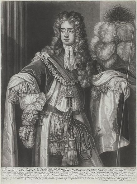 Shrewsbury in the robes of the Order of the Garter, holding his staff of office as Lord Chamberlain, a post he held 1699-1700 for William III and again 1710-1715 for Anne and for George I.