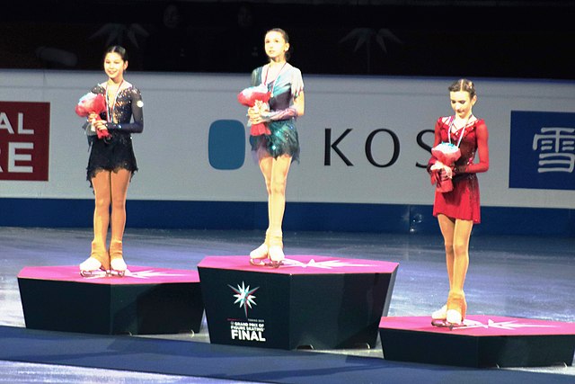 Liu (left) on the podium at the 2019–20 Junior Grand Prix Final with Kamila Valieva (center) and Daria Usacheva (right).