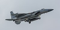 A US Air Force F-15C Eagle, tail number 85-0107, on final approach at Kadena Air Base in Okinawa, Japan. It is assigned to the 44th Fighter Squadron at Kadena AB.