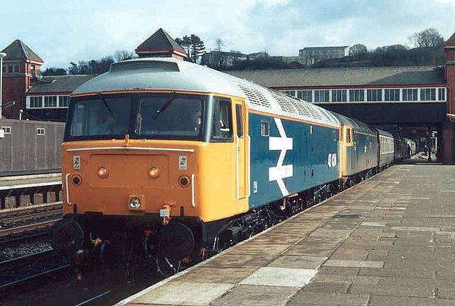 Two Class 47s, Nos. 47424 and 47607, at Bangor station with a passenger train in 1987.