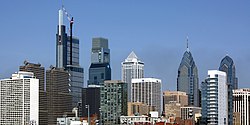 A605, Philadelphia skyline from the west end of the South Street Bridge, 2018.jpg