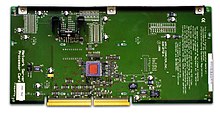 The CPU board of an ANS 700/200. The ANS 500/132 and 700/150 CPUs are made from the same board but each employs unique configuration jumpers. All ANS CPUs have an applied printed label (shown on the extreme left) which identifies the CPU's speed: 132, 150 or 200 MHz. As in this generation of Apple's PowerPC products, the installed processor card determines the system's CPU speed, and the system's bus speed is derived from the CPU's speed: 44 MHz for /132, and 50 MHz for /150 and /200. ANS700-CPU-board.jpg