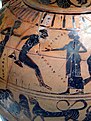 A competitor in the long jump, Black-figured Tyrrhenian amphora showing athletes and a combat scene, Greek, but made for the Etruscan market, 540 BC, found near Rome, Winning at the ancient Games, British Museum (7675649600).jpg