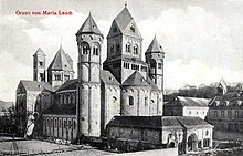 Simple geometric elements form the exterior of Maria Laach Abbey, 12th century AD Abteikirche Maria Laach, 1906.jpg
