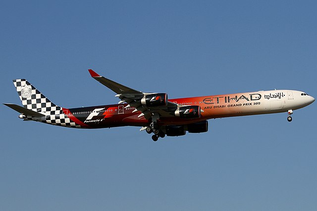 A now-retired Airbus A340-600 in the Abu Dhabi Grand Prix livery