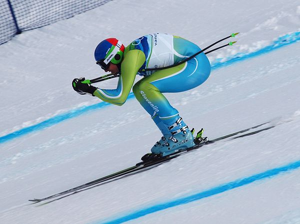 Slovenia's Andrej Šporn at the 2010 Winter Olympics downhill in a typical downhill body position