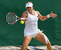 Anna Tatishvili competing in the third round of the 2015 Wimbledon Qualifying Tournament at the Bank of England Sports Grounds in Roehampton, England. The winners of three rounds of competition qualify for the main draw of Wimbledon the following week.