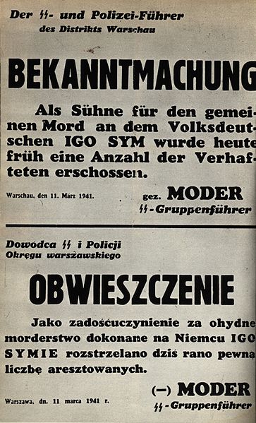 SS-Gruppenführer Paul Moder announcement of execution of "a number of detainees" in retaliation of death of Igo Sym.