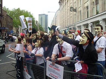 An Internet-based group which refers to itself as 'Anonymous' held protests outside Scientology centers in cities around the world in February 2008 as part of Project Chanology. Issues they protested ranged from alleged abuse of followers to the validity of its claims to qualify as a religion for tax purposes.[608]