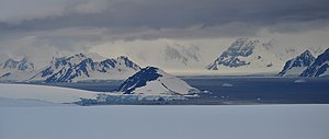 Typical landscape for the Antarctic Peninsula area, with fjords, high coastal mountains and islands. Click on the image for geographical details. Antarctica (6), Laubeuf Fjord, Webb Island.JPG