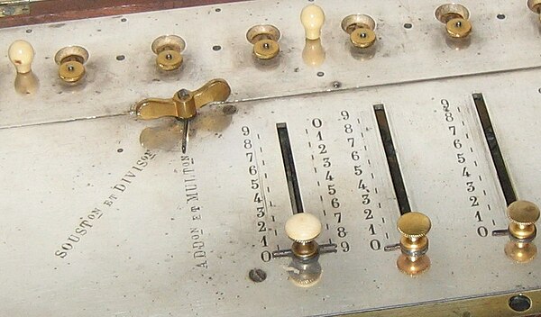 Detail of an arithmometer built before 1851. The one-digit multiplier cursor (ivory top) is the leftmost cursor