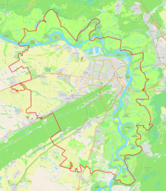 Mapa konturowa Barnauła, po prawej znajduje się punkt z opisem „Cerkiew św. Mikołaja”