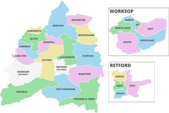 Map of the electoral wards of Bassetlaw. Bassetlaw Wards (annotated).svg