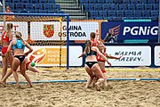 Deutsch: Beachhandball Europameisterschaften 2019 (Beach handball Euro); Tag 5: 6. Juli 2019 – Frauen, Halbfinale, Kroatien-Dänemark 1:2 (12:19, 17:10, 4:7) English: Beach handball Euro; Day 5: 6 July 2019 – Semifinal Men – Croatia-Denmark 1:2 (12:19, 17:10, 4:7)