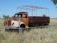 Beadell's burnt out ration truck at Kiwirrkurra Community on the Gary Junction Road Beadell's burnt Ration truck.jpg