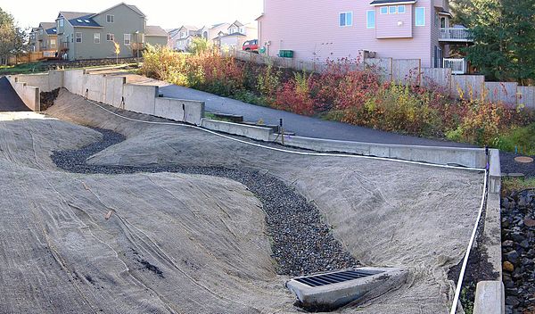 Two bioswales for a housing development. The foreground one is under construction while the background one is established.