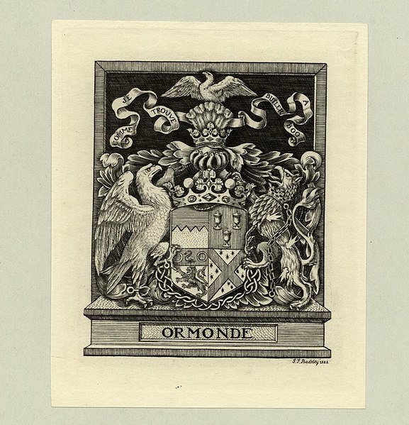 Bookplate by Henry Badeley showing the coat of arms of the Butlers, Earls of Ormonde: Quarterly 1st: Or, a chief indented azure (Walter); 2nd: Gules, 