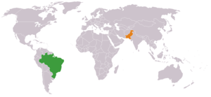 Mapa indicando localização do Brasil e do Paquistão.