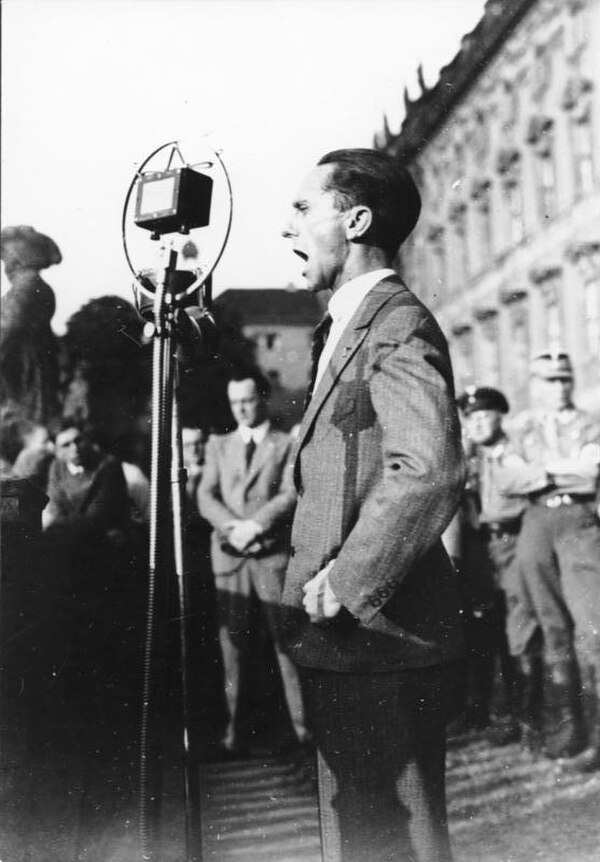 Goebbels speaks at a political rally (1932). This body position, with arms akimbo, was intended to show the speaker as being in a position of authorit