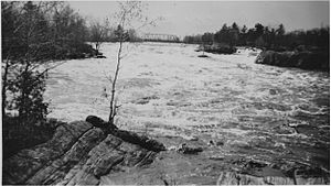 Photo of Burleigh Falls taken early to mid 1920s at a time of high water flow. Burliegh Falls perhaps early to mid 1920s high water flow.jpg