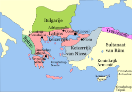 Het Byzantijnse Rijk na de opdeling na de Vierde Kruistocht in 1204; grenzen zijn onzeker.