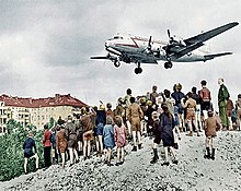 A C-54 Skymaster landing at Berlin Tempelhof Airport C-54 landing at Tempelhof 1948.jpg