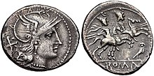 Denarius possibly minted by a Caecidius Noctua between 194 and 190 BC. The owl on the reverse may be an allusion to the moneyer's cognomen. Caecidius Noctua, denarius, 194-190 BC, RRC 135-1.jpg