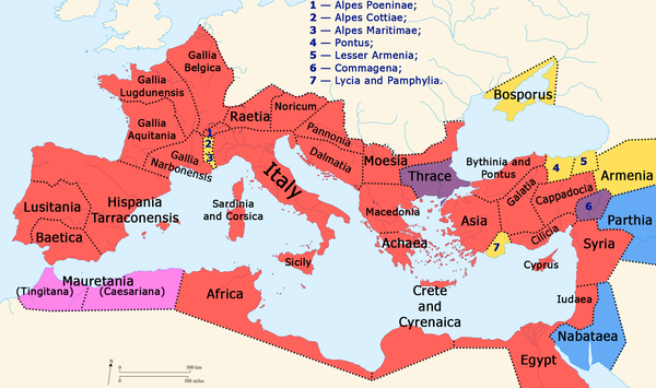 Map of the Roman Empire and neighboring states during the reign of Gaius Caligula (AD 37–41) .mw-parser-output .legend{page-break-inside:avoid;break-inside:avoid-column}.mw-parser-output .legend-color{display:inline-block;min-width:1.25em;height:1.25em;line-height:1.25;margin:1px 0;text-align:center;border:1px solid black;background-color:transparent;color:black}.mw-parser-output .legend-text{}  Italy and Roman provinces  Independent countries  Client states (Roman puppets)  Mauretania seized by Caligula  Former Roman provinces Thrace and Commagena made client states by Caligula