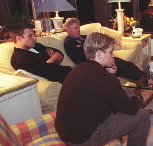 Affleck and Matt Damon attend a Camp David screening of Good Will Hunting with President Bill Clinton in January 1998.