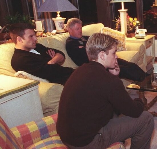 Affleck and Matt Damon attend a Camp David screening of Good Will Hunting with President Bill Clinton in January 1998.