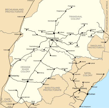 Rail network of the Central South African Railways in 1910, immediately before the creation of the Union of South Africa Central South African Railways map 1910.svg