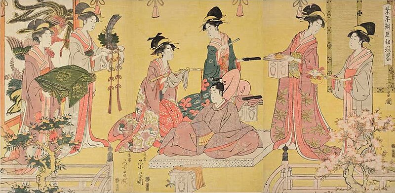 File:Chokosai Eisho (act. c. 1795-1801). 'Minister Narihira’s Coming of Age,' Japan, Edo period (1615–1868), c. 1790s. Woodblock print; ink and color on paper. Gift of James A. Michener, 1991. (22064a-c).jpg