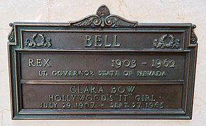 Bow's crypt at Forest Lawn Memorial Park, Glendale. The marker erroneously cites Bow's birth year as 1907, although she was born in 1905.