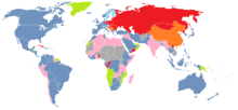 A color-coded map of the world in 1970, showing the divide of countries of the world in the Cold War
Green -- Non-self-governing possessions of U.S. allies
Blue -- U.S. and U.S. allies
Red -- Soviet Union and its communist allies
Orange -- Communist countries not aligned with the Soviet Union
Pink -- Non Communist allies of Soviet Union
Light Blue -- Non-NATO members of EFTA and OECD
Gray -- Unknown or non aligned Cold War-1970.png