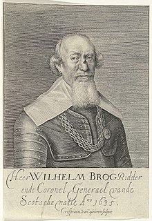 Colonel William Brog in 1635, with possible wound on nose from Chatillon's skull. Colonel William Brog (d. 1636) by Crispjen van den Queborn (1635).jpg