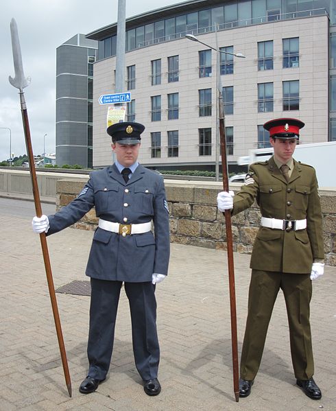 Cadets during commemorations in Jersey 2013. Showing the RAF Section No. 1 uniform (left) and Army Section No. 2 uniform (right)