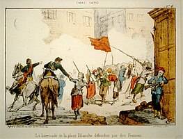 Nineteenth-century illustration of women carrying rifles behind a barricade in the Paris Commune. Several are wearing red, and one carries a red flag.