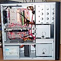 Open computer case with visible hardware